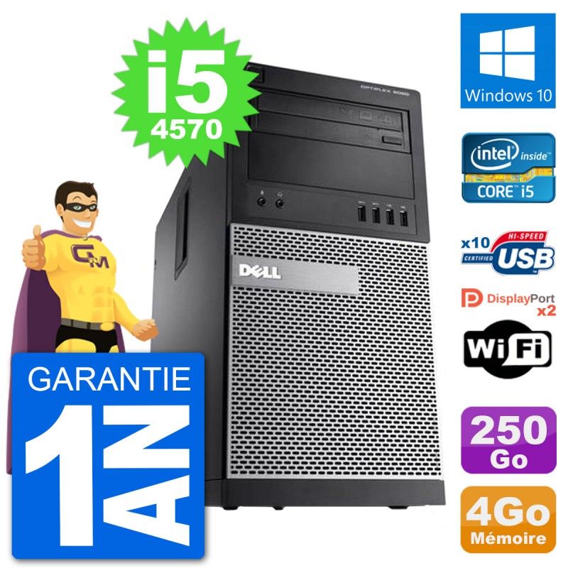 Ordinateur de bureau Dell Optiplex 9020 - Processeur Intel Core i5-4570, 4 Go de RAM, 250 Go SSD, Windows 10, Wi-Fi