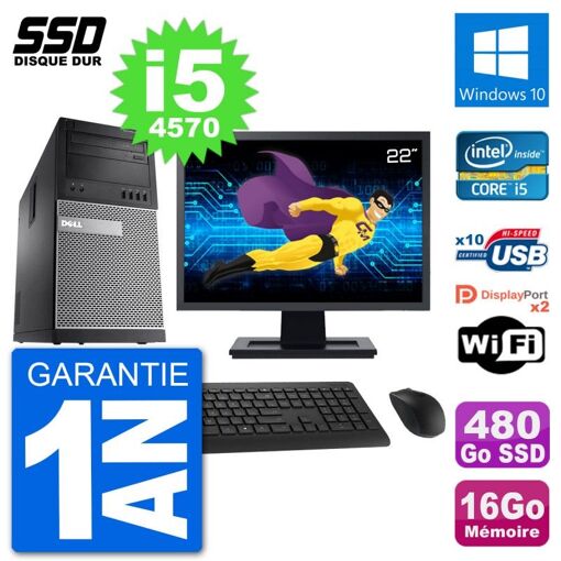 Dell Optiplex 9020 Mid Tower PC, 22" Screen, Intel i5-4570, 16GB RAM, 480GB SSD, Windows 10, WiFi
