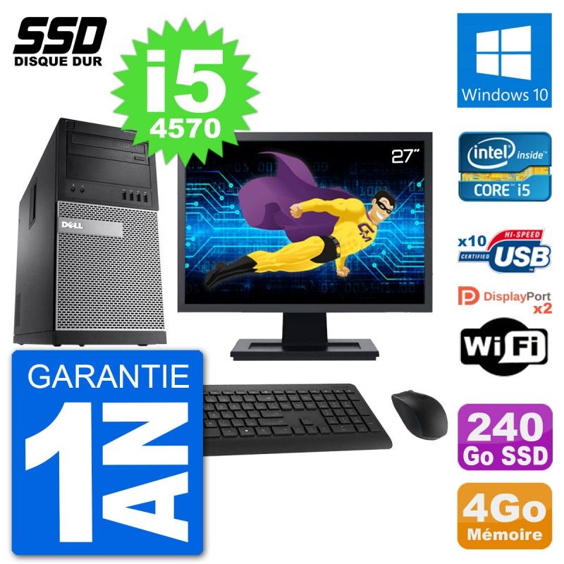 Dell Optiplex 9020 Desktop PC - 27" Screen, Intel Core i5-4570, 4GB RAM, 240GB SSD, Windows 10, WiFi
