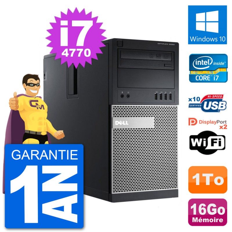 Ordinateur de bureau Dell Optiplex 9020, Intel Core i7-4770, 16 Go de RAM, 1 To HDD, Windows 10, WiFi