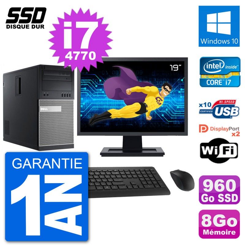 Dell Optiplex 9020 Desktop PC - 19" Screen, Intel Core i7-4770, 8GB RAM, 960GB SSD, Windows 10, WiFi