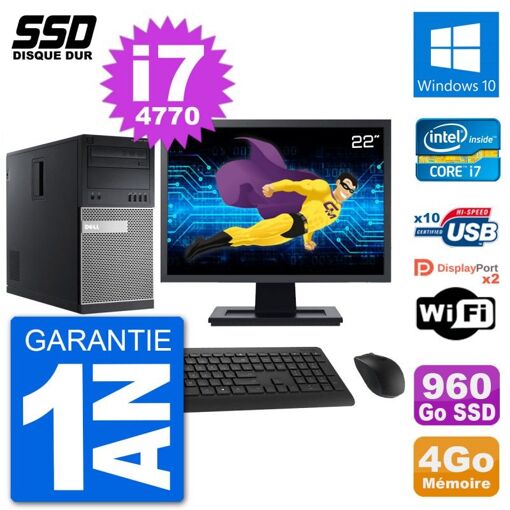 Dell Optiplex 9020 Desktop PC - 22" Screen, Intel Core i7-4770, 4GB RAM, 960GB SSD, Windows 10