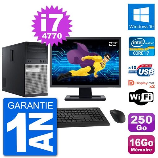 Dell Optiplex 9020 Desktop PC - 22" Screen, Intel i7-4770, 16GB RAM, 250GB HDD, Windows 10, WiFi