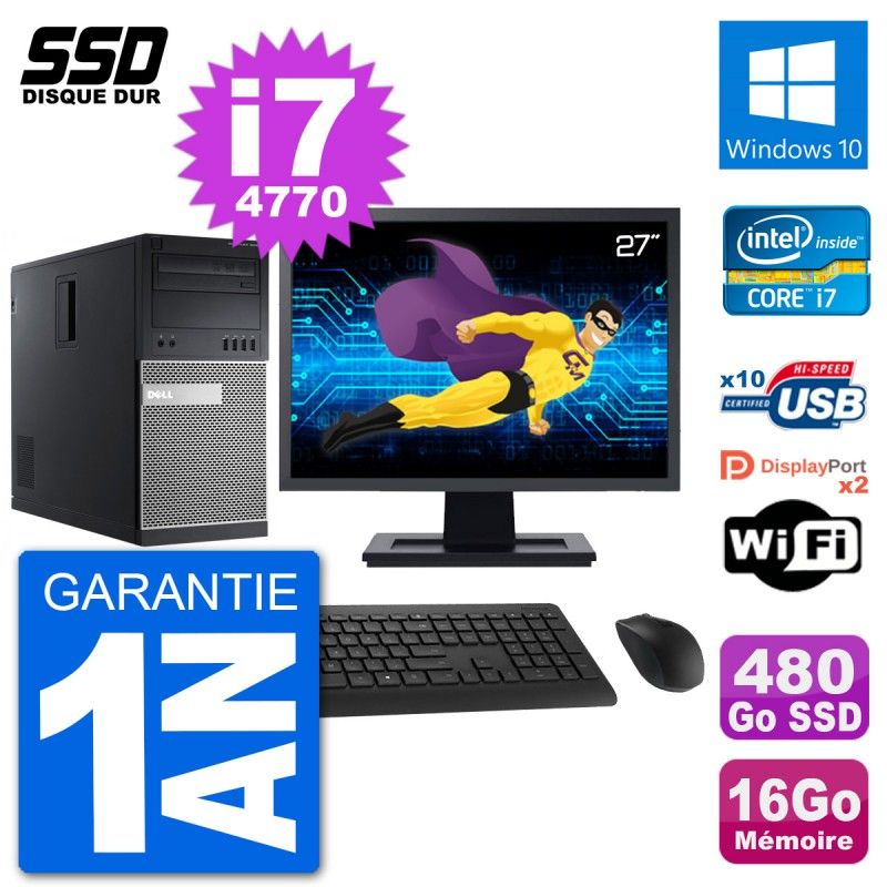 Dell Optiplex 9020 Desktop PC - 27" Screen, Intel i7-4770, 16GB RAM, 480GB SSD, Windows 10, Wi-Fi