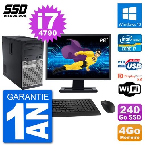 Dell Optiplex 9020 Desktop Computer, 22" Screen, Intel Core i7-4790, 4GB RAM, 240GB SSD, Windows 10, WiFi