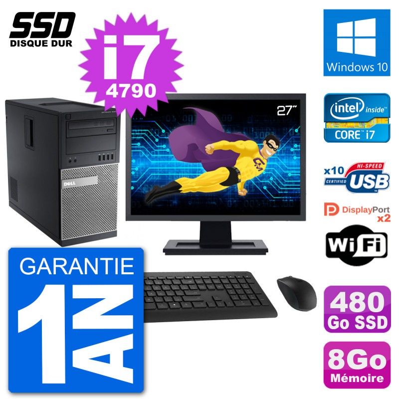 Dell Optiplex 9020 Desktop Computer, 27-inch Screen, Intel Core i7-4790, 8GB RAM, 480GB SSD, Windows 10, WiFi
