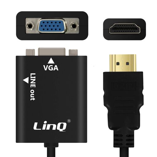 Câble vidéo et audio HDMI Mâle vers VGA Femelle et Jack 3.5 mm LinQ Noir