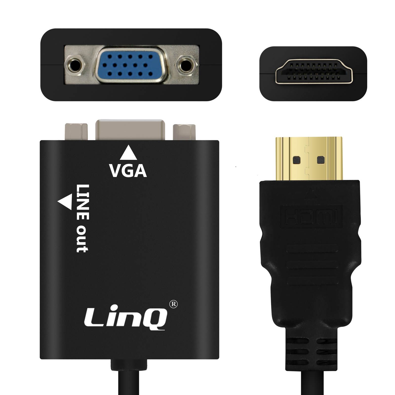 Câble vidéo et audio HDMI Mâle vers VGA Femelle et Jack 3.5 mm LinQ Noir