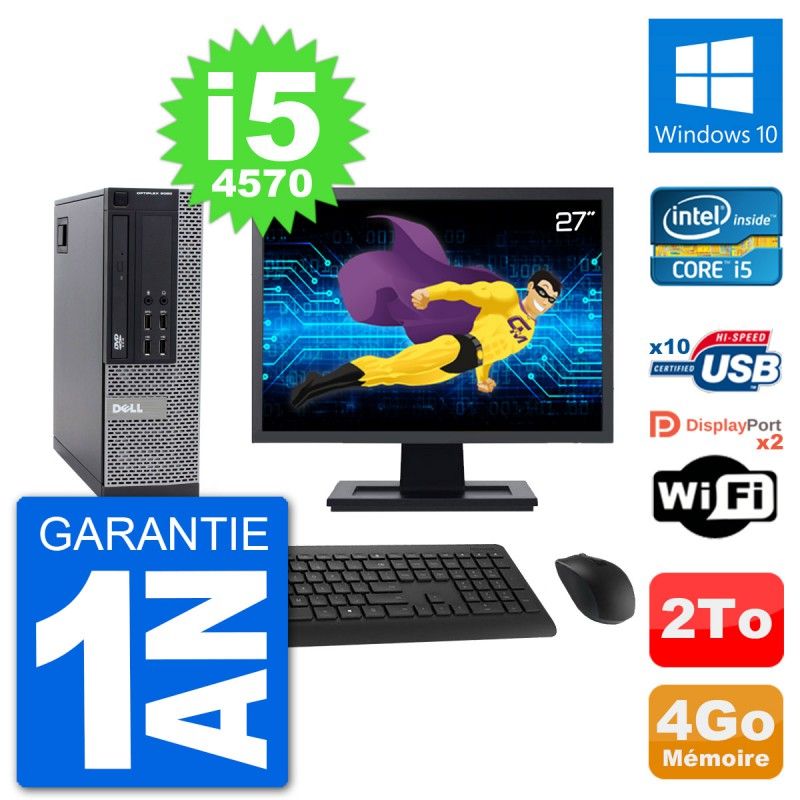 Ordinateur Dell Optiplex 9020 SFF - Écran 27'', Processeur Intel i5-4570, 4 Go de RAM, Disque dur 2 To, Windows 10, Wi-Fi