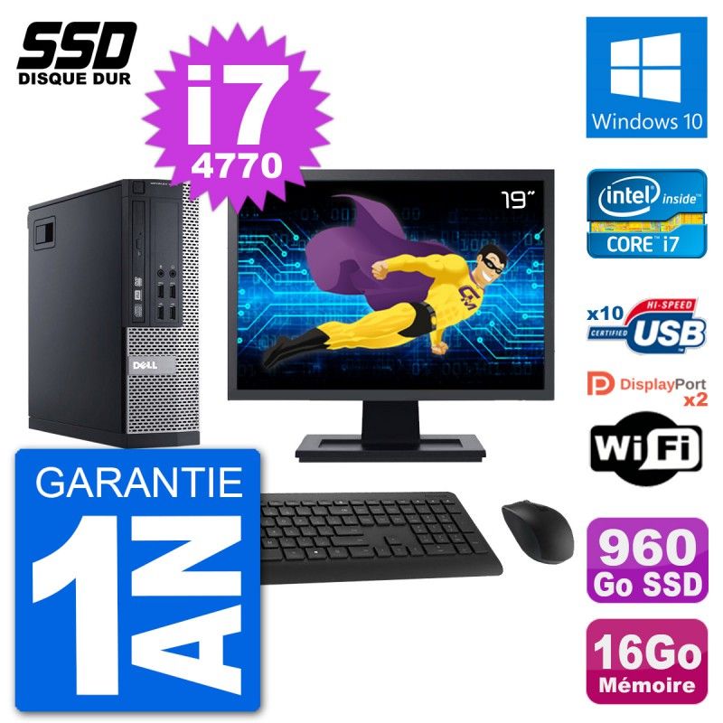 Dell Optiplex 9020 SFF Computer - 19" Screen, Intel i7-4770, 16GB RAM, 960GB SSD, Windows 10, WiFi