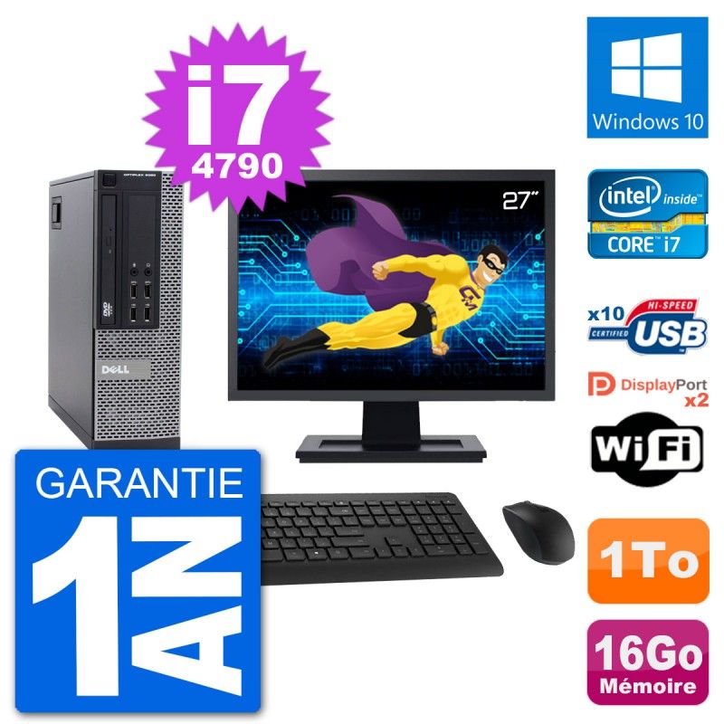 Dell Optiplex 9020 SFF Desktop Computer - 27" Screen, Intel i7-4790, 16GB RAM, 1TB HDD, Windows 10, WiFi