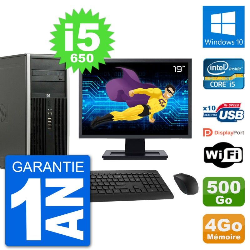 Ordinateur de bureau HP 8100 Elite, écran 19 pouces, processeur Core i5-650, 4 Go de RAM, disque dur 500 Go, Windows 10, WiFi
