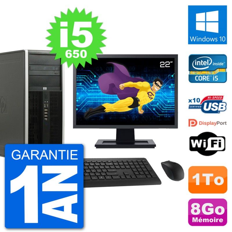 HP 8100 Elite Desktop Computer, 22" Screen, Intel Core i5-650, 8GB RAM, 1TB Hard Drive, Windows 10, WiFi