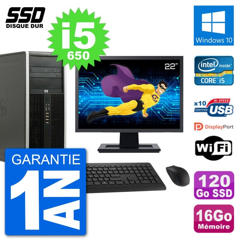HP 8100 Elite Desktop PC - 22" Screen, Intel Core i5-650, 16GB RAM, 120GB SSD, Windows 10, WiFi