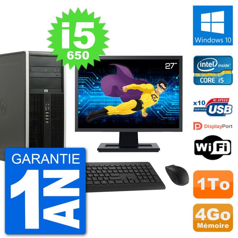 HP 8100 Elite Desktop PC - 27" Screen, Intel Core i5-650, 4GB RAM, 1TB HDD, Windows 10, WiFi