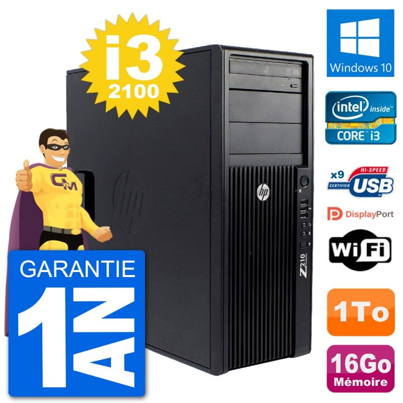 Station de travail HP Z210 - Processeur Intel Core i3-2100, 16 Go de RAM, 1 To de SSD, Windows 10, WiFi
