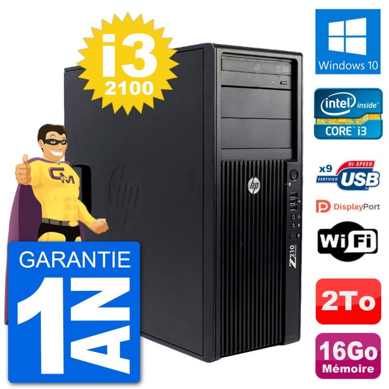 Station de travail HP Z210 - Processeur Intel Core i3-2100, 16 Go de RAM, Disque dur 2 To, Windows 10, Wi-Fi