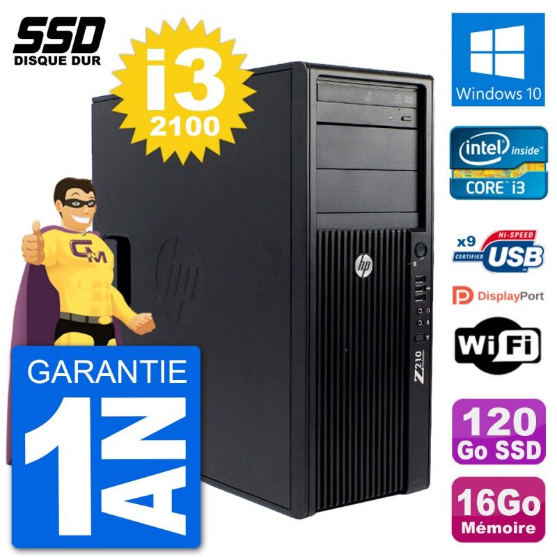 Station de travail HP Z210 - Processeur Intel Core i3-2100, 16 Go de RAM, 120 Go SSD, Windows 10, Wi-Fi