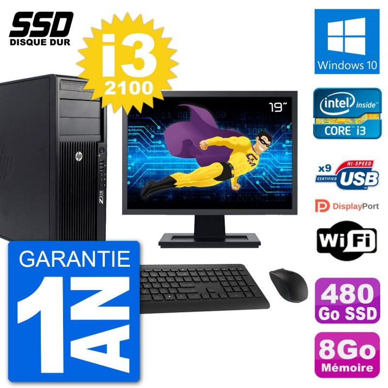 HP Z210 WorkStation PC - 19" Screen, Intel i3-2100, 8GB RAM, 480GB SSD, Windows 10, Wifi