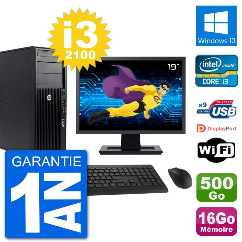 HP Z210 Workstation PC - 19" Screen, Intel i3-2100, 16GB RAM, 500GB HDD, Windows 10, WiFi
