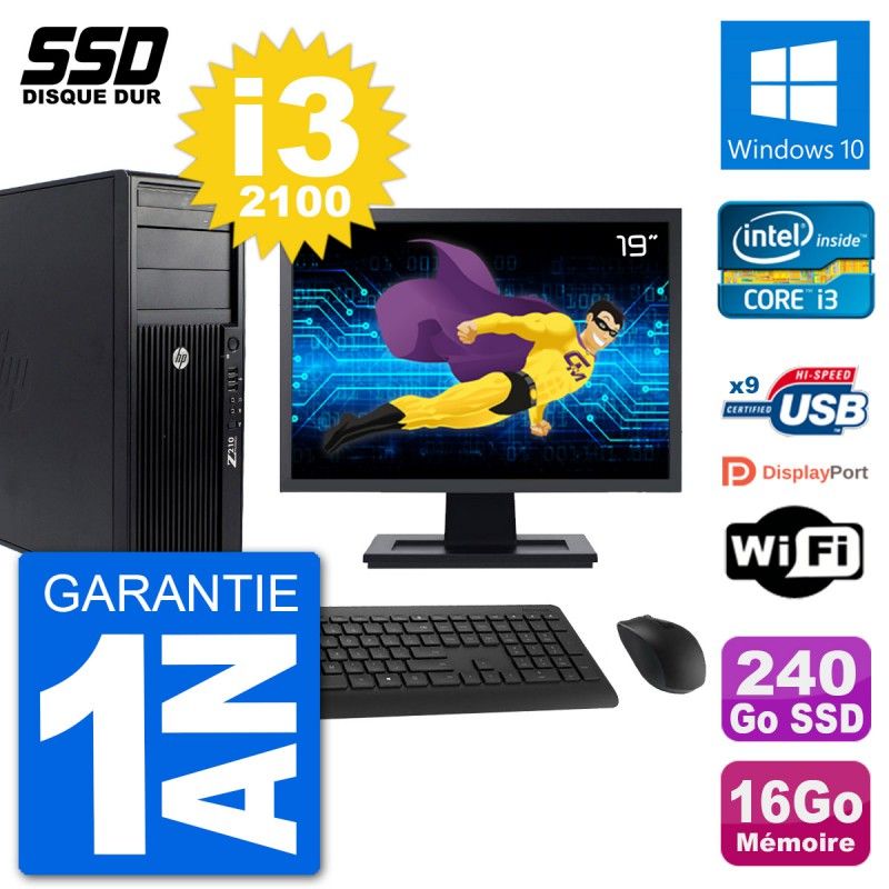 HP Z210 Workstation Computer - 19" Screen, Intel i3-2100, 16GB RAM, 240GB SSD, Windows 10, WiFi