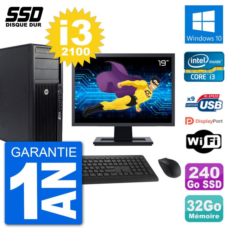 HP Z210 Workstation PC - 19" Screen, Intel i3-2100, 32GB RAM, 240GB SSD, Windows 10, WiFi