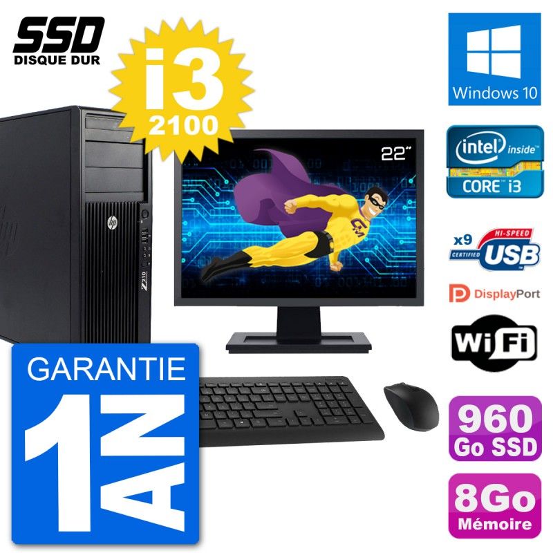 HP Z210 Workstation PC - 22" Screen, Intel i3-2100, 8GB RAM, 960GB SSD, Windows 10, Wifi
