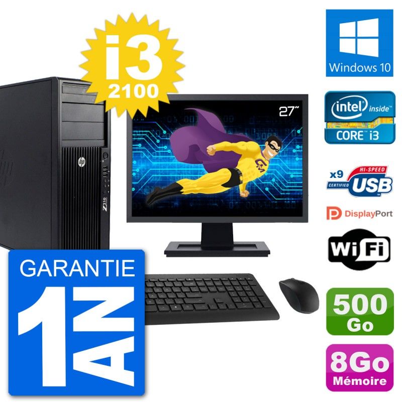 HP Z210 Workstation PC - 27" Screen, Intel i3-2100, 8GB RAM, 500GB HDD, Windows 10, WiFi