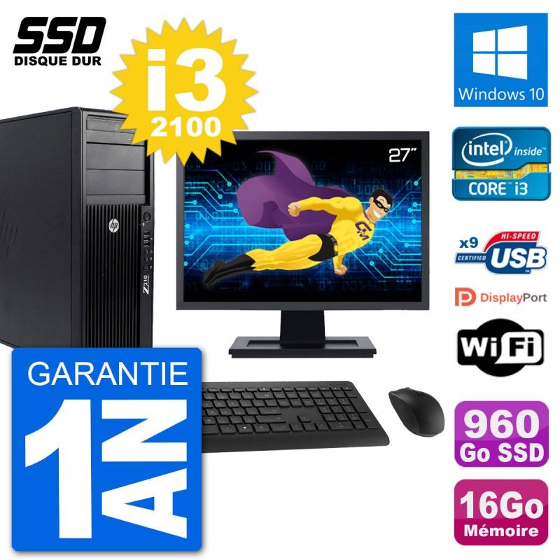 HP Z210 Workstation PC - 27" Screen, Intel i3-2100, 16GB RAM, 960GB SSD, Windows 10, WiFi