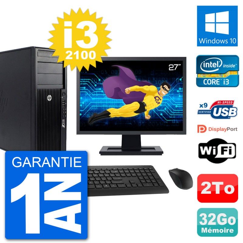 HP Z210 Workstation Computer - 27" Screen, Intel i3-2100, 32GB RAM, 2TB HDD, Windows 10, WiFi