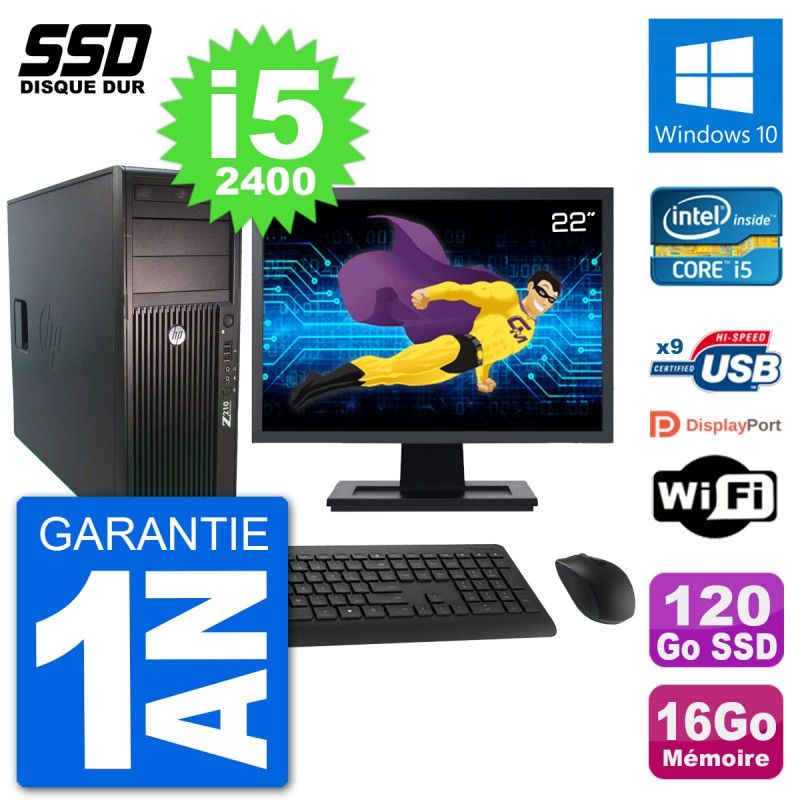 HP Z210 Workstation Computer - 22" Screen, Intel i5-2400, 16GB RAM, 120GB SSD, Windows 10, WiFi