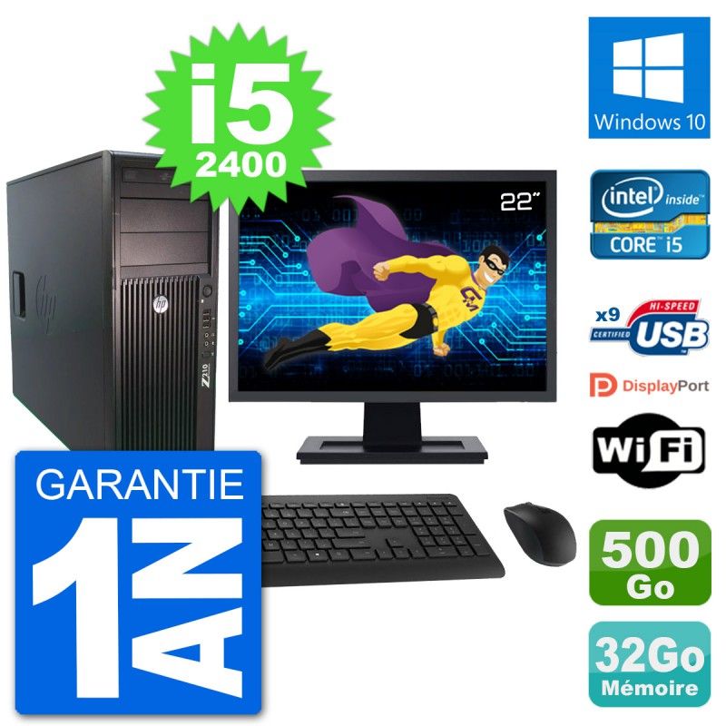 HP Z210 Workstation Computer - 22" Screen, Intel i5-2400, 32GB RAM, 500GB HDD, Windows 10, WiFi