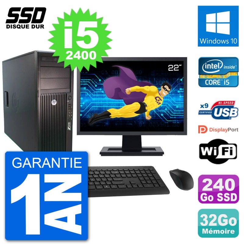 HP Z210 WorkStation PC - 22" Screen, Intel i5-2400, 32GB RAM, 240GB SSD, Windows 10, Wifi