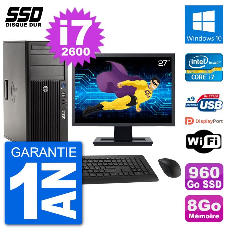HP Z210 Workstation PC - 27" Screen, Intel i7-2600, 8GB RAM, 960GB SSD, Windows 10, WiFi