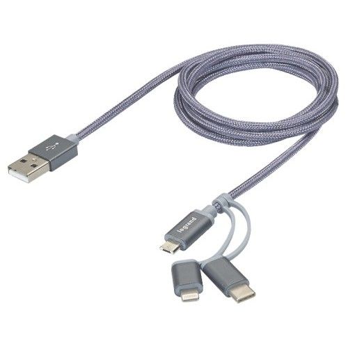 LEGRAND 3-in-1 USB Cable with Lightning, Micro-USB, and USB C Connectors - 1.2m