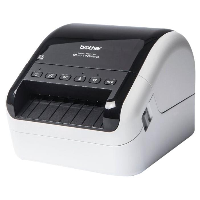 Brother QL-1110NWBc - Label Printer - Direct Thermal - Roll (3.27 in) - 300 x 300 dpi - Up to 110 mm/sec - USB 2.0, Bluetooth 5.2, LAN, Wi-Fi(n) - Cutting Tool - Glossy Black, White