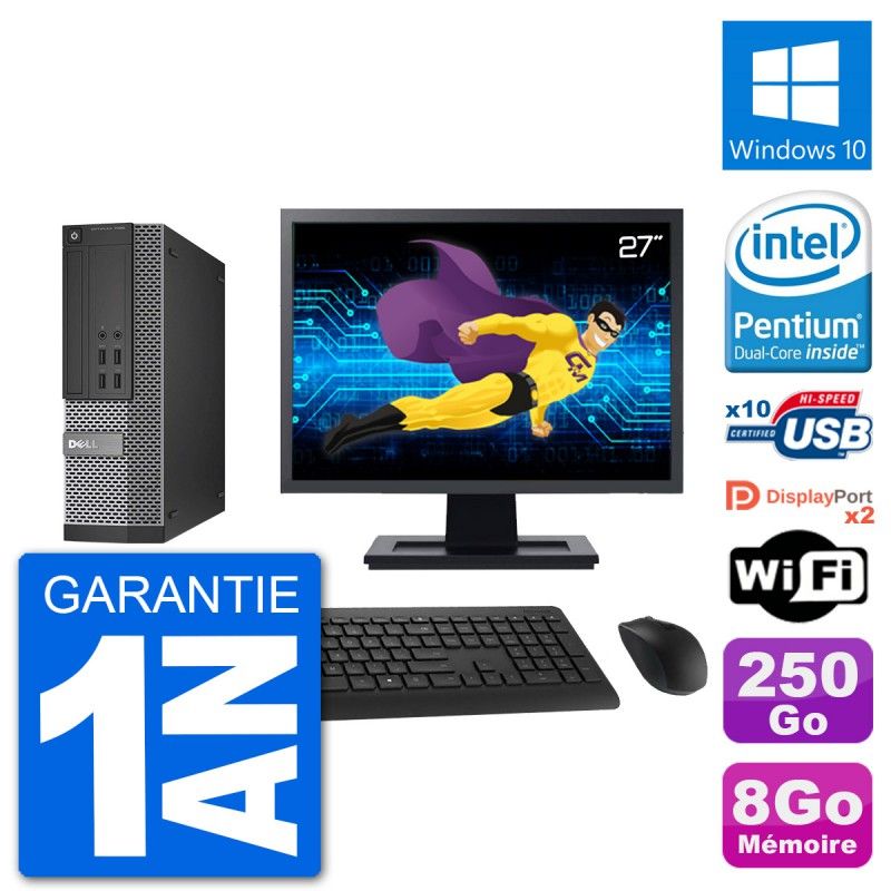 Dell Optiplex 7020 SFF Computer - 27" Screen, Intel Pentium G3220, 8GB RAM, 250GB HDD, Windows 10, WiFi