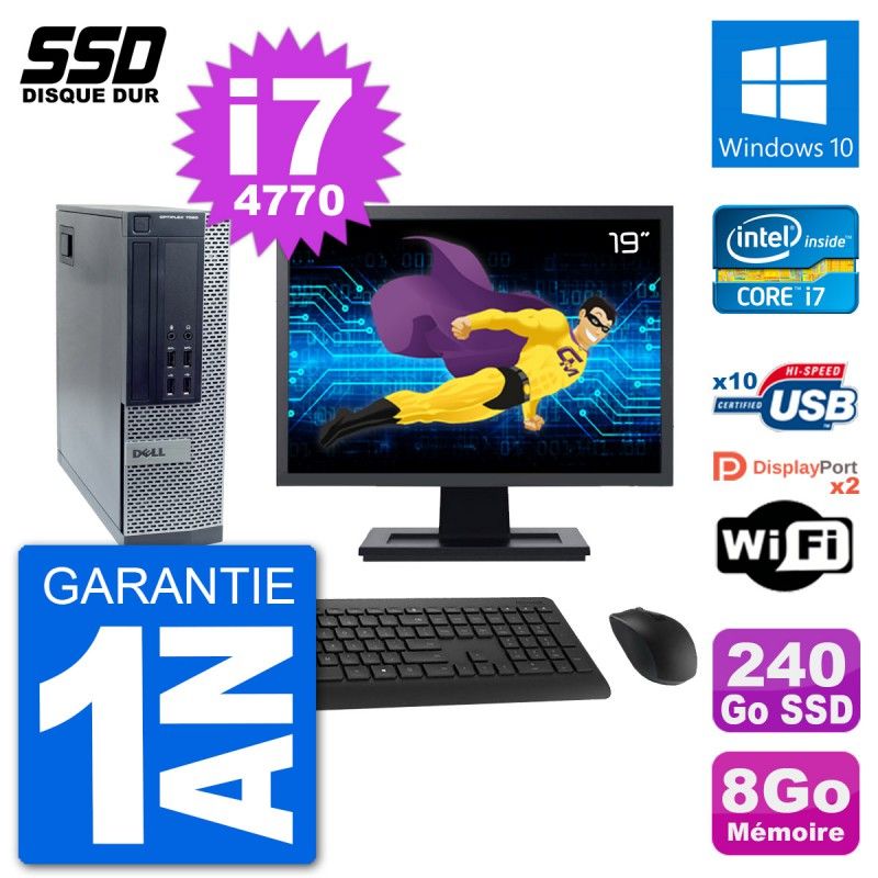 Dell Optiplex 7020 SFF Computer - 19" Screen, Intel i7-4770, 8GB RAM, 240GB SSD, Windows 10, Wifi