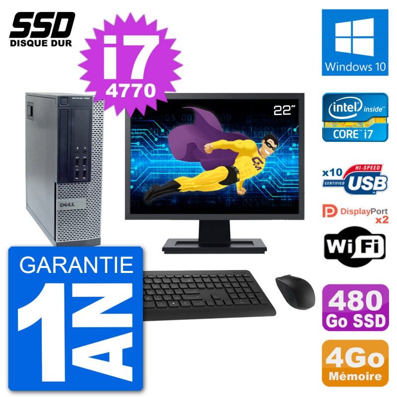 Dell Optiplex 7020 SFF Computer - 22" Screen, Intel i7-4770, 4GB RAM, 480GB SSD, Windows 10, WiFi