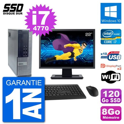 Dell Optiplex 7020 SFF Desktop PC - 22" Screen, Intel i7-4770, 8GB RAM, 120GB SSD, Windows 10, Wifi