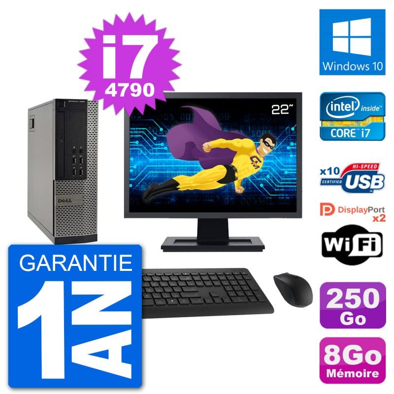 Dell 7020 SFF Desktop PC - 22" Screen, Intel i7-4790, 8GB RAM, 250GB SSD, Windows 10, WiFi