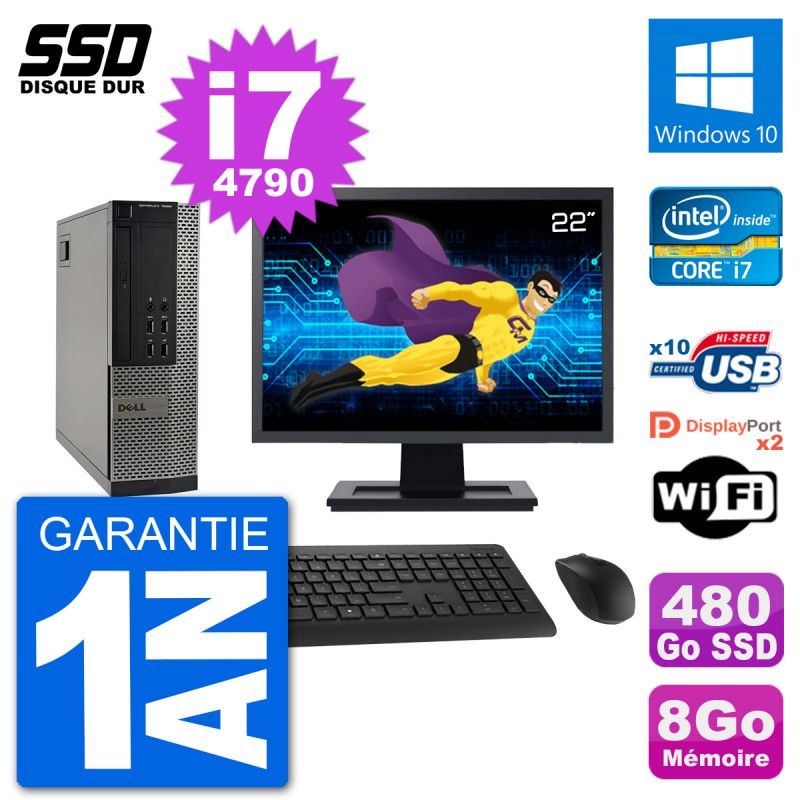 Dell Optiplex 7020 SFF Desktop PC - 22" Screen, Intel i7-4790, 8GB RAM, 480GB SSD, Windows 10, WiFi