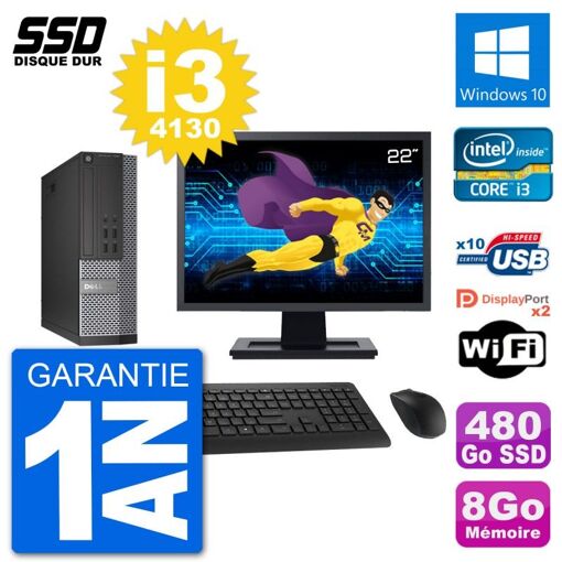 Dell 7020 SFF Desktop Computer - 22" Screen, Intel i3-4130, 8GB RAM, 480GB SSD, Windows 10, WiFi