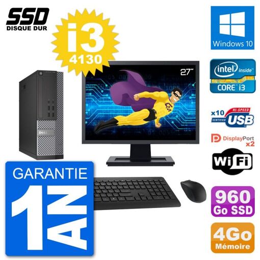 Dell Optiplex 7020 SFF Computer - 27" Screen, Intel i3-4130, 4GB RAM, 960GB SSD, Windows 10, WiFi