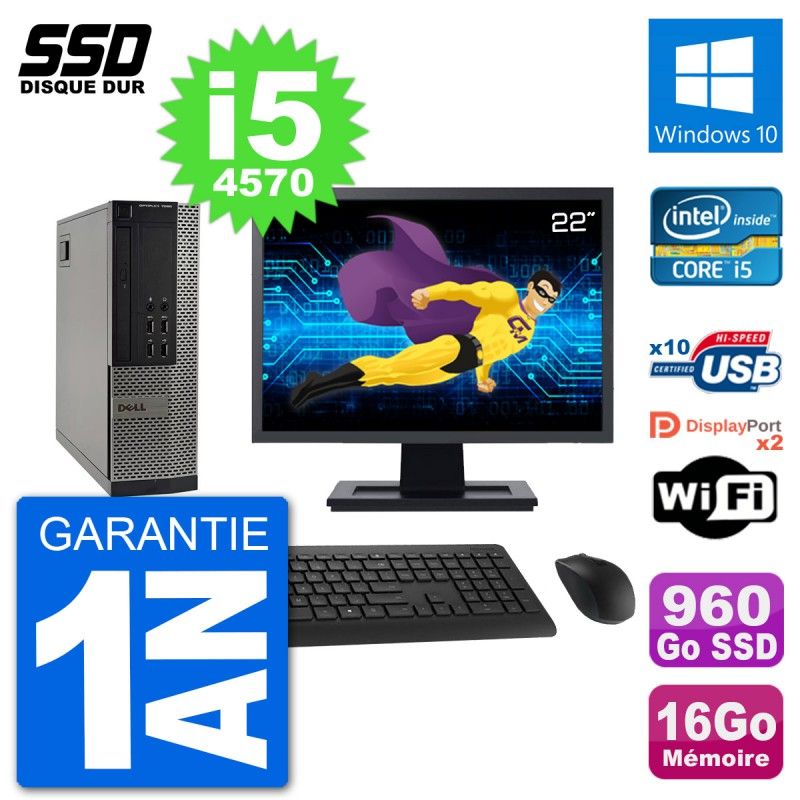 Dell Optiplex 7020 SFF Computer - 22" Screen, Intel i5-4570, 16GB RAM, 960GB SSD, Windows 10, WiFi