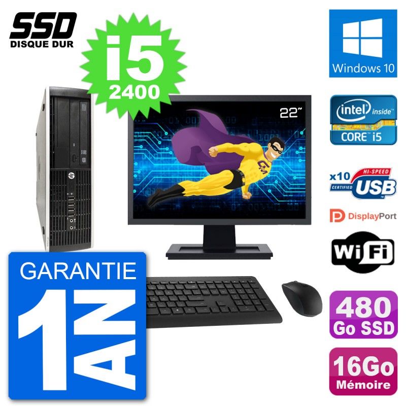 HP Compaq Pro 6300 SFF Desktop PC - 22" Screen, i5-2400, 16GB RAM, 480GB SSD, Windows 10, WiFi
