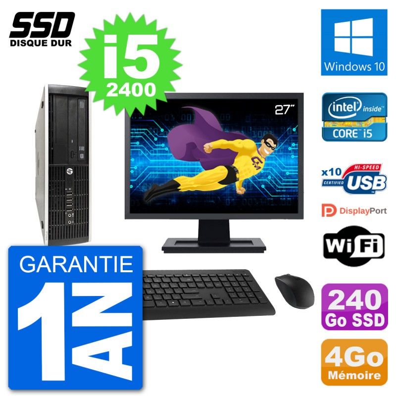 HP Compaq Pro 6300 SFF Desktop PC - 27" Screen, i5-2400, 4GB RAM, 240GB SSD, Windows 10, Wifi