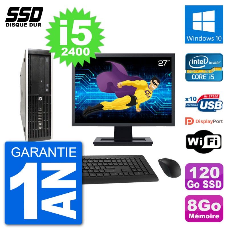 HP Compaq Pro 6300 SFF Desktop PC - 27" Screen, i5-2400, 8GB RAM, 120GB SSD, Windows 10, WiFi