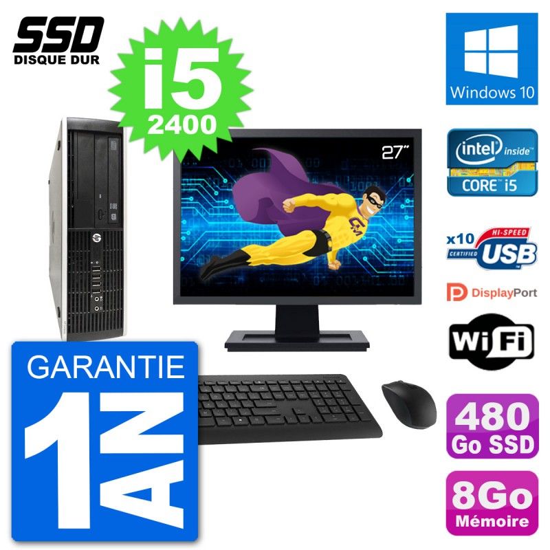 HP Compaq Pro 6300 SFF Desktop PC - 27" Screen, i5-2400, 8GB RAM, 480GB SSD, Windows 10, WiFi