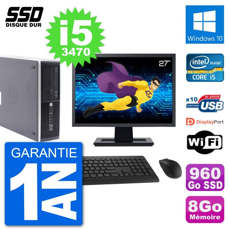 HP Compaq Pro 6300 SFF PC - 27" Screen, i5-3470, 8GB RAM, 960GB SSD, Windows 10, Wifi